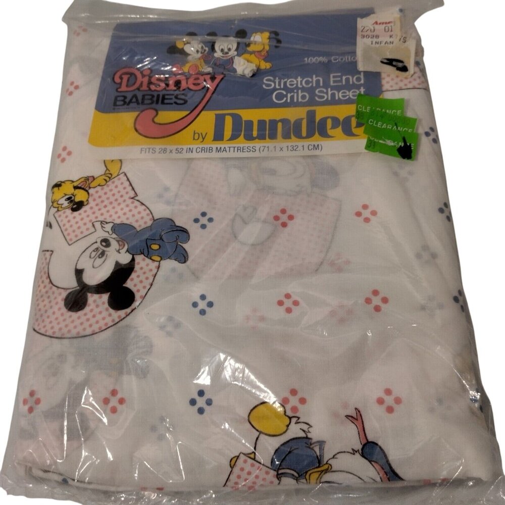 Vintage Disney Babies Dundee Crib Sheet 28x52 White ABC Mickey Minne New NOS - Picture 2 of 11